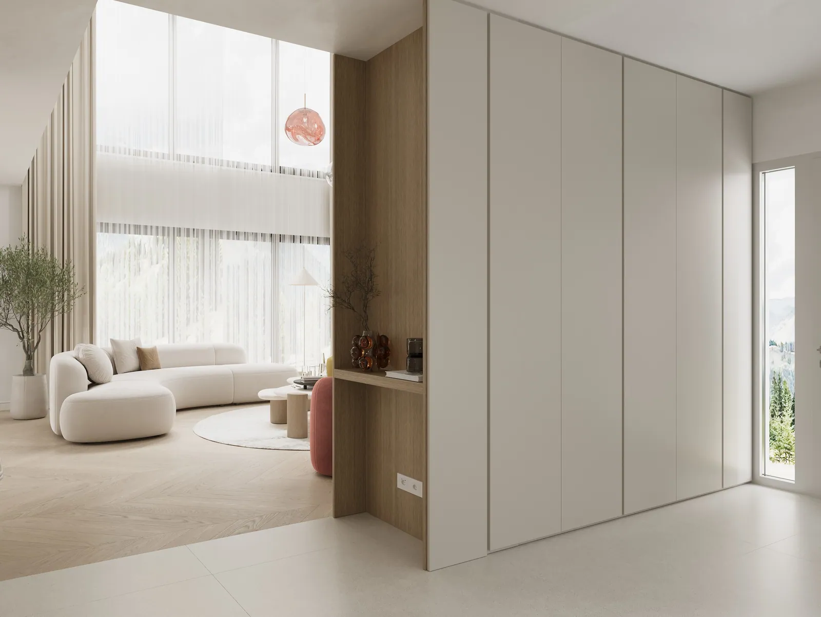 Handleless closet cabinetry relying on touch-latch hardware rather than visible pulls